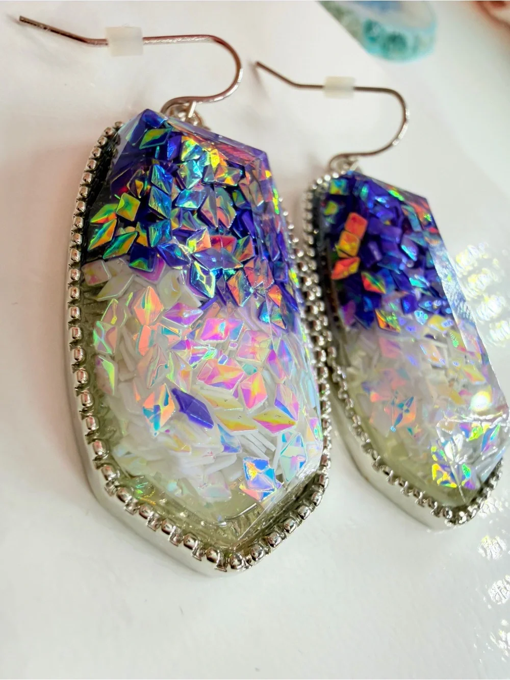 Iridescent Holographic Dangle Earrings - Silver Trim